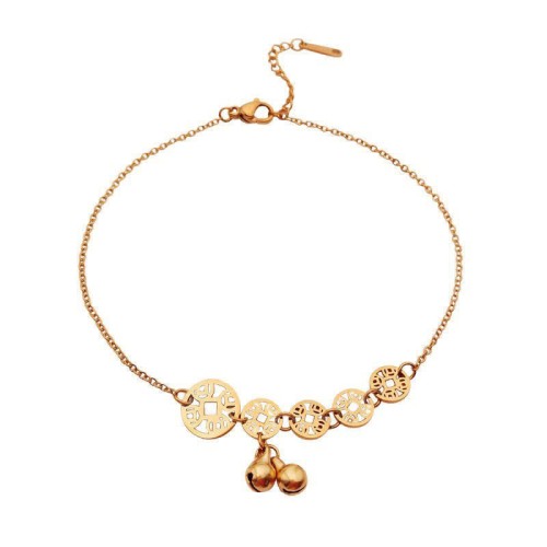 Copper Coins Bell Charm Titanium Steel Anklet Copper Coins Bell Charm Titanium Steel Anklet