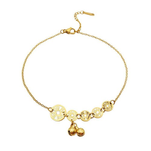 Copper Coins Bell Charm Titanium Steel Anklet Copper Coins Bell Charm Titanium Steel Anklet