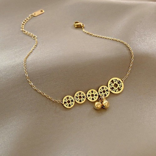 Copper Coins Bell Charm Titanium Steel Anklet Copper Coins Bell Charm Titanium Steel Anklet