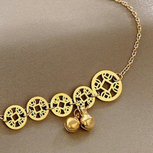Copper Coins Bell Charm Titanium Steel Anklet Copper Coins Bell Charm Titanium Steel Anklet