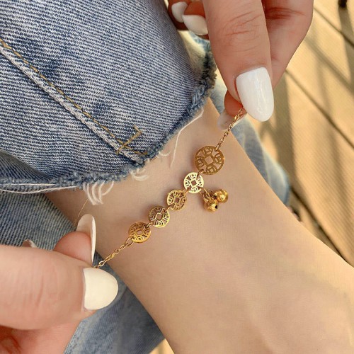 Copper Coins Bell Charm Titanium Steel Anklet Copper Coins Bell Charm Titanium Steel Anklet