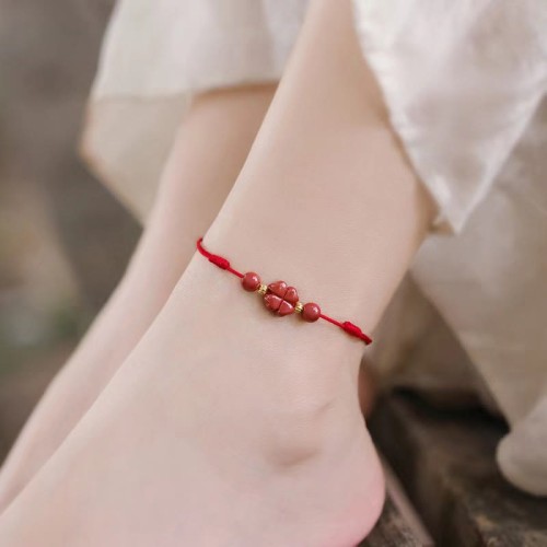 Cinnabar Four Leaf Clover Blessing Rope Anklet