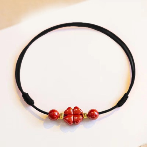 Cinnabar Four Leaf Clover Blessing Rope Anklet
