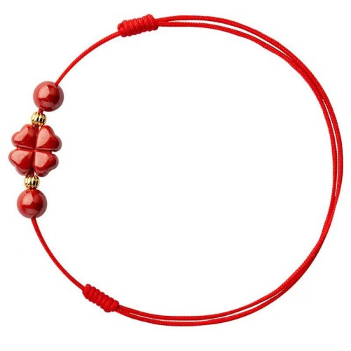 Cinnabar Four Leaf Clover Blessing Rope Anklet