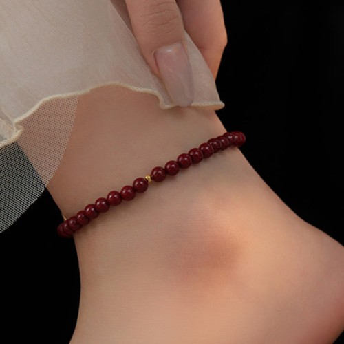 925 Sterling Silver Cinnabar Beads Blessing Anklet