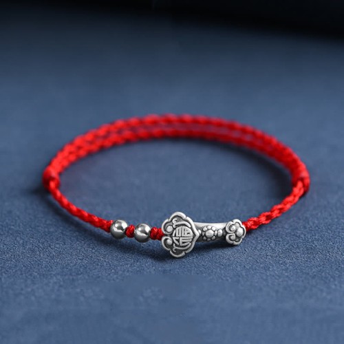 Handmade 999 Sterling Silver Fu Character Ruyi Handle Bracelet Anklet Handmade 999 Sterling Silver Fu Character Ruyi Handle Bracelet Anklet