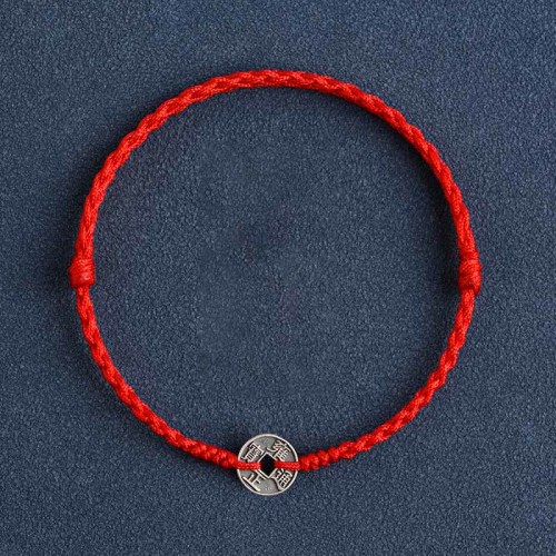 925 Sterling Silver Five Emperor Coins Red String Bracelet Anklet