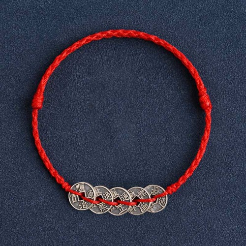 925 Sterling Silver Five Emperor Coins Red String Bracelet Anklet