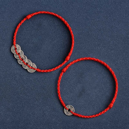 925 Sterling Silver Five Emperor Coins Red String Bracelet Anklet