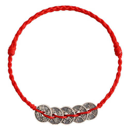 925 Sterling Silver Five Emperor Coins Red String Bracelet Anklet
