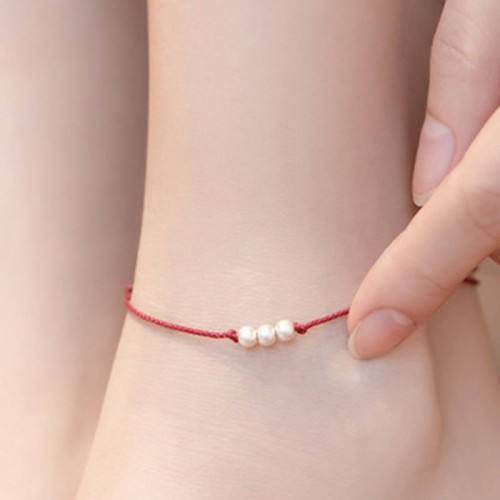 925 Sterling Silver Three Beads Protection String Anklet