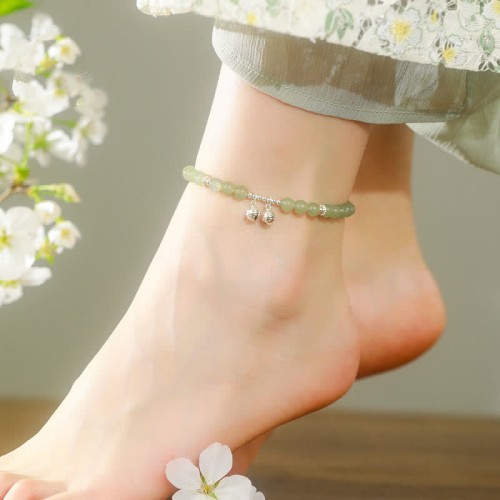 925 Sterling Silver Hetian Jade Prosperity Bell Anklet