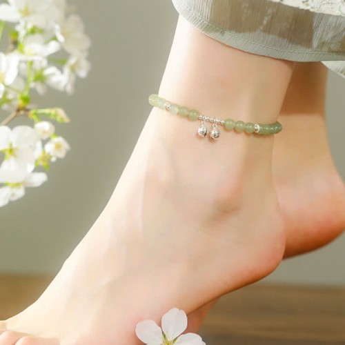925 Sterling Silver Hetian Jade Prosperity Bell Anklet