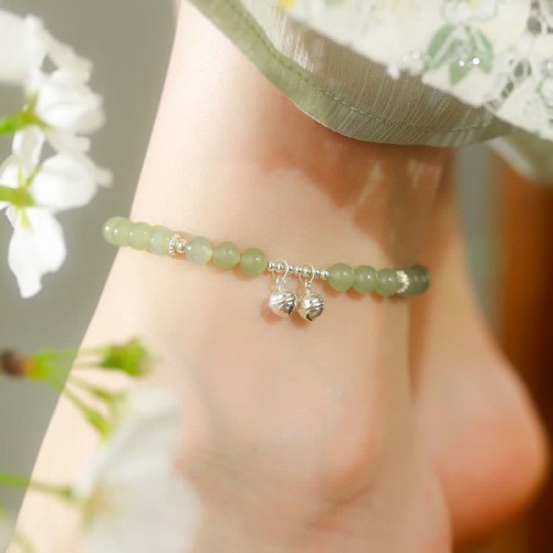 925 Sterling Silver Hetian Jade Prosperity Bell Anklet