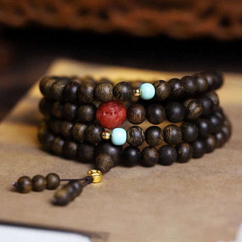 108 Mala Beads Agarwood Red Agate Turquoise Peace Bracelet