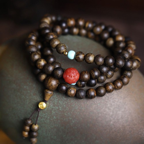 108 Mala Beads Agarwood Red Agate Turquoise Peace Bracelet