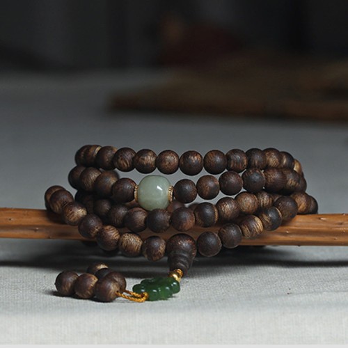 108 Mala Beads Agarwood Jade 999 Gold Peace Bracelet