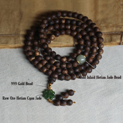 108 Mala Beads Agarwood Jade 999 Gold Peace Bracelet