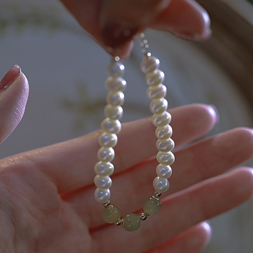14K Gold Plated Pearl Hetian Cyan Jade Sincerity Bead Bracelet 14K Gold Plated Pearl Hetian Cyan Jade Sincerity Bead Bracelet