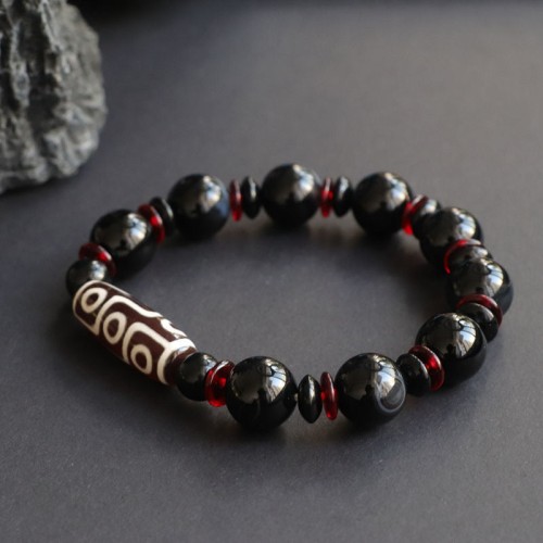 Black Onyx Nine-Eye Dzi Bead Wealth Bracelet