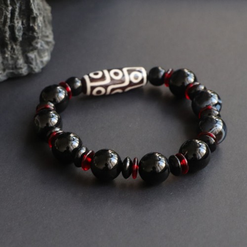 Black Onyx Nine-Eye Dzi Bead Wealth Bracelet