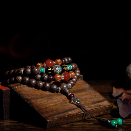 108 Mala Beads Agarwood Red Agate Peace Strength Bracelet