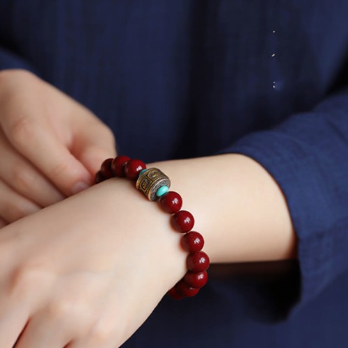 925 Silver Buddha Cinnabar Om Mani Padme Hum Bracelet