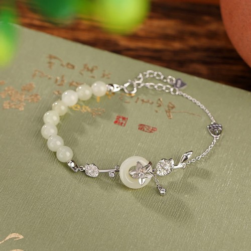 925 Silver Hetian Jade Peace Lotus Luck Bracelet 925 Silver Hetian Jade Peace Lotus Luck Bracelet
