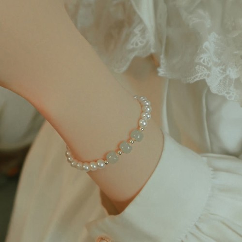 14K Gold Plated Pearl Hetian Cyan Jade Sincerity Bead Bracelet 14K Gold Plated Pearl Hetian Cyan Jade Sincerity Bead Bracelet