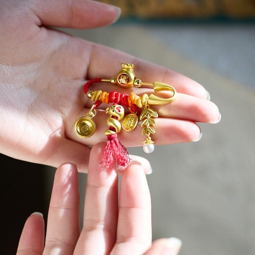 Copper Year of the Snake Tassels Fu Bowl Lucky Fortune Bag Brooch