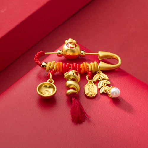 Copper Year of the Snake Tassels Fu Bowl Lucky Fortune Bag Brooch