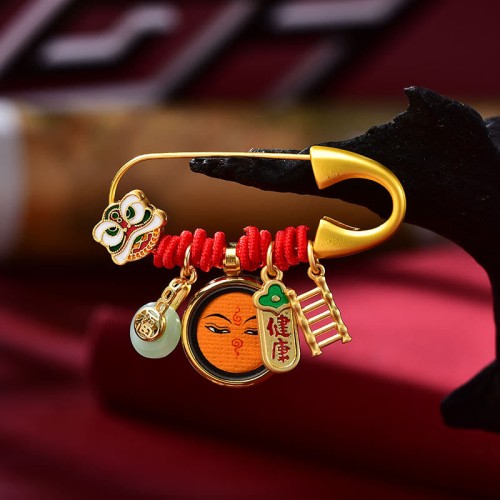 Tibetan Dancing Lion Jade Fu Character Copper Luck Brooch