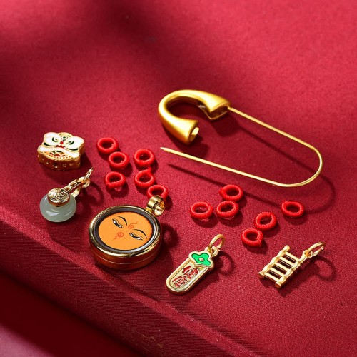 Tibetan Dancing Lion Jade Fu Character Copper Luck Brooch