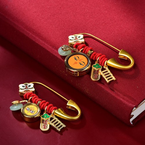 Tibetan Dancing Lion Jade Fu Character Copper Luck Brooch