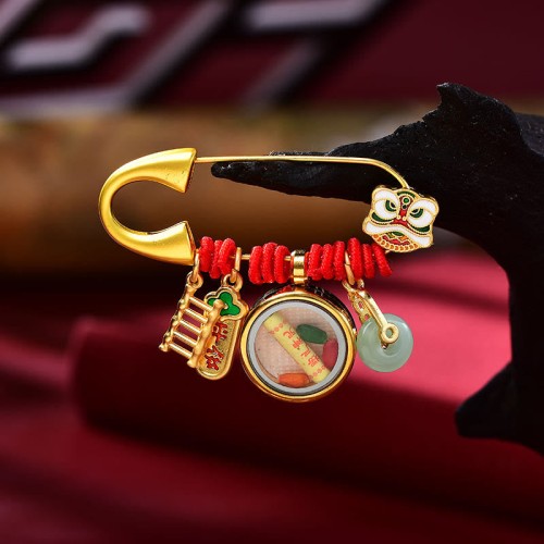 Tibetan Dancing Lion Jade Fu Character Copper Luck Brooch