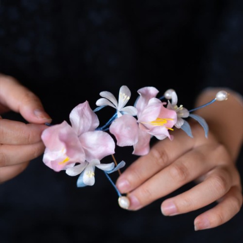 Handmade Velvet Mulberry Silk Pink Iris Vine Brooch & Hairpin Handmade Velvet Mulberry Silk Pink Iris Vine Brooch & Hairpin