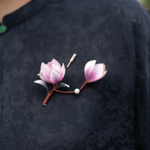 Handmade Yangzhou Velvet Mulberry Silk Purple Magnolia Brooch & Hairpin