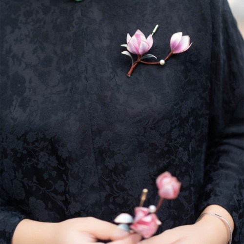 Handmade Yangzhou Velvet Mulberry Silk Purple Magnolia Brooch & Hairpin