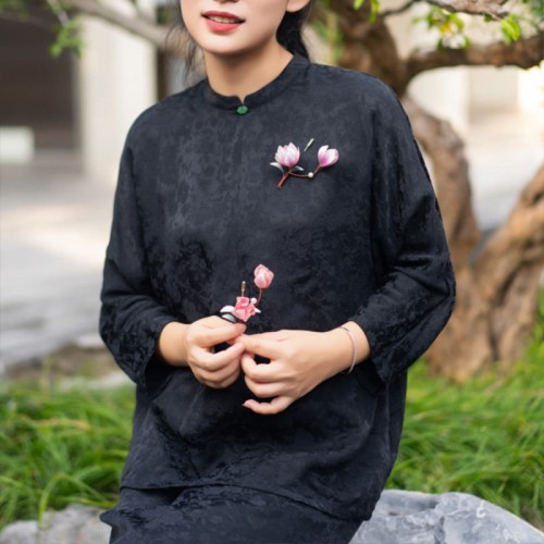Handmade Yangzhou Velvet Mulberry Silk Purple Magnolia Brooch & Hairpin