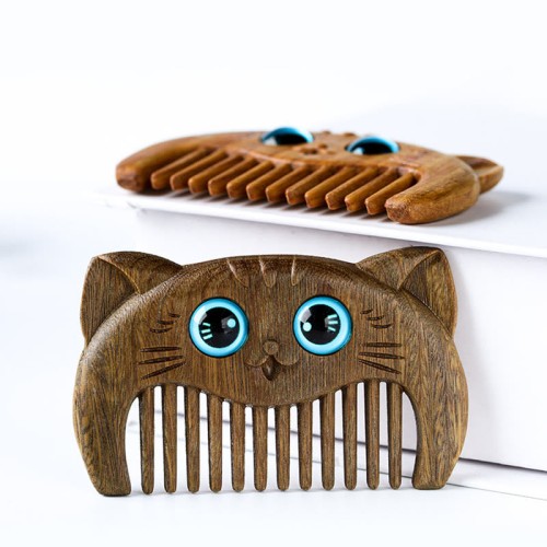 Simple Cat Pattern Green Sandalwood Portable Comb