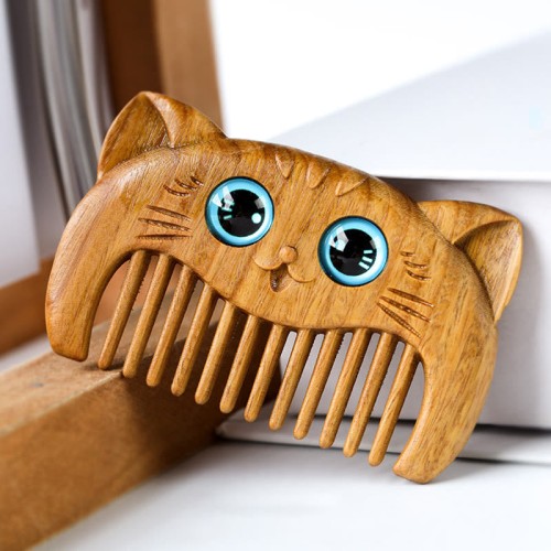 Simple Cat Pattern Green Sandalwood Portable Comb