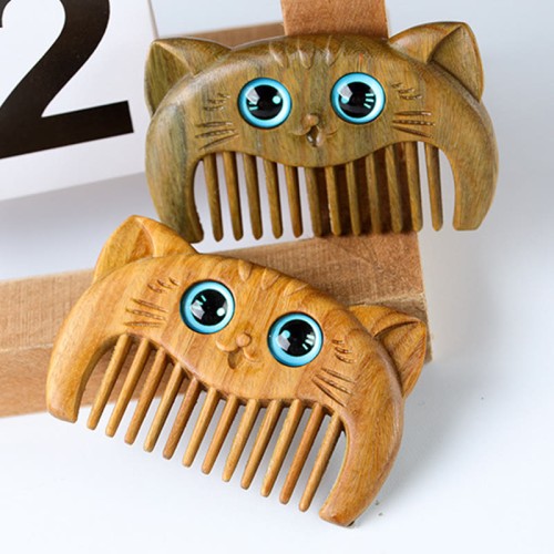 Simple Cat Pattern Green Sandalwood Portable Comb