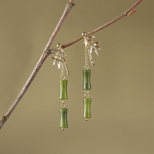 925 Sterling Silver Gold-Plated Peridot Bamboo Leaf Drop Earrings