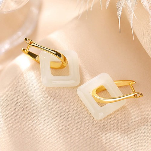 925 Sterling Silver Hetian Jade Geometric Square Earrings 925 Sterling Silver Hetian Jade Geometric Square Earrings