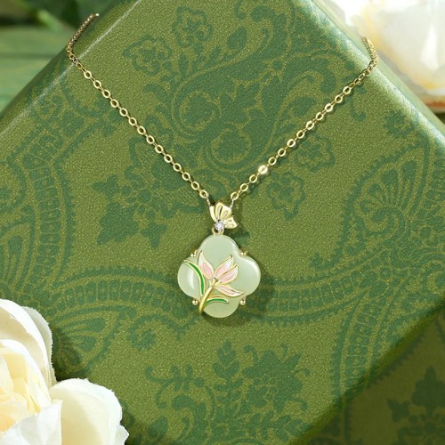 925 Sterling Silver Magnolia Butterfly Hetian Jade Blessing Jewelry Set 925 Sterling Silver Magnolia Butterfly Hetian Jade Blessing Jewelry Set
