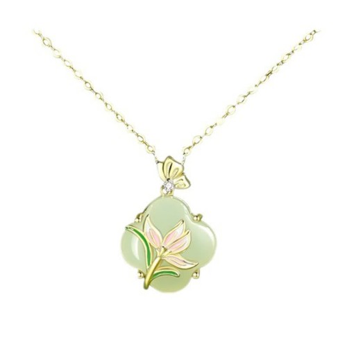 925 Sterling Silver Magnolia Butterfly Hetian Jade Blessing Jewelry Set 925 Sterling Silver Magnolia Butterfly Hetian Jade Blessing Jewelry Set