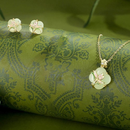 925 Sterling Silver Magnolia Butterfly Hetian Jade Blessing Jewelry Set 925 Sterling Silver Magnolia Butterfly Hetian Jade Blessing Jewelry Set