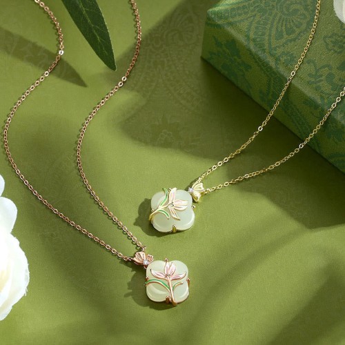 925 Sterling Silver Magnolia Butterfly Hetian Jade Blessing Jewelry Set 925 Sterling Silver Magnolia Butterfly Hetian Jade Blessing Jewelry Set