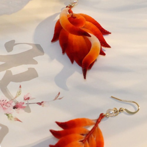 14K Gold-Plated Copper Velvet Flower Mulberry Silk Feather Earrings