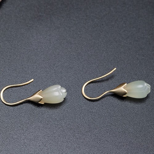 925 Sterling Silver Hetian Jade Magnolia Abundance Earrings 925 Sterling Silver Hetian Jade Magnolia Abundance Earrings